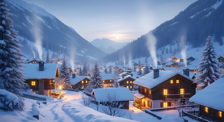 Winter village in snowy mountains with cozy houses and smoking chimneys