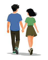 Back view of couple walking holding hands
