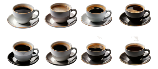 Variety of Coffee Cups with Black Coffee in Elegant Presentation, Isolated on Transparent, white background