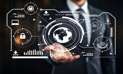 Businessman holding futuristic digital interface representing data analysis, technology innovations, global connectivity, and security concepts in modern world