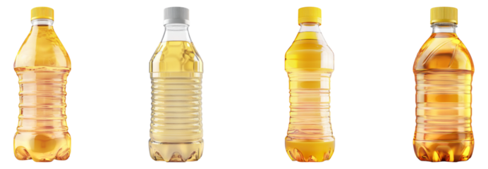 Four Different Bottles of Clear Yellow Liquid on White Background, Isolated on Transparent Background
