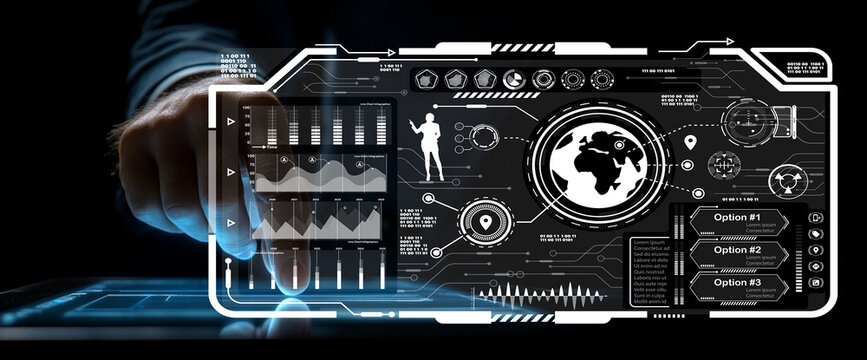 Futuristic interface with data visualization, world map, and touch interaction for technology, analytics, and global connectivity concepts