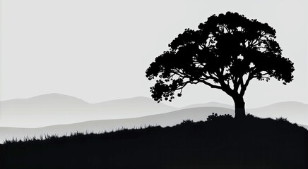 Silhouette of a Solitary Tree on a Hill During Sunset With Distant Mountains in the Background