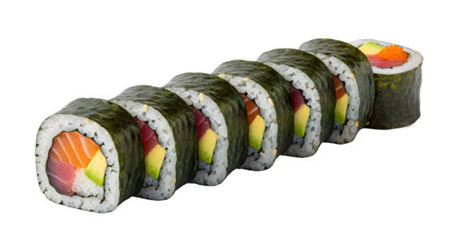 Sushi roll isolated on transparent background featuring tuna, salmon, and avocado - Powered by Adobe