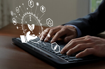 Business Professional Engaged in Digital Sustainability, Using Laptop with Eco-Friendly Symbol Overlay in Modern Office Environment