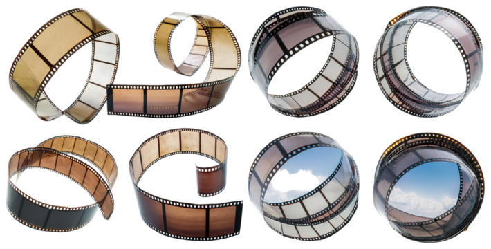 Vintage Film Strips Curled in Various Positions for Creative Use, isolated on transparent background - Powered by Adobe