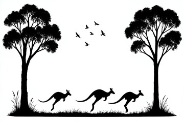 Kangaroos hopping between silhouetted trees with birds flying
