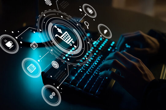 Hands typing on keyboard with shopping cart icon and digital icons representing online purchases, e-commerce, technology, and innovation in a futuristic setting