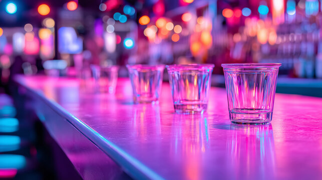 Neon shot glasses on glossy bar counter with colorful club lights and festive mood in shallow depth of field
