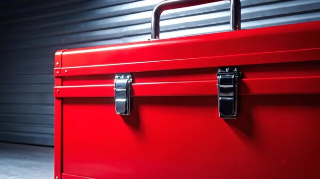 Close up of a bright red metal toolbox with silver latches, ready for tools and repairs