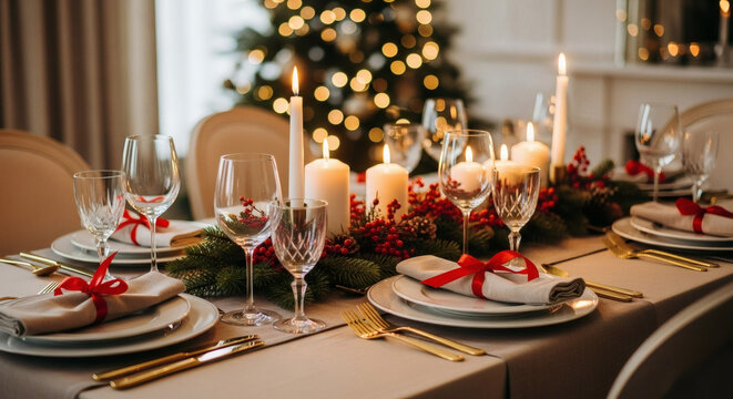 Elegant Christmas dinner table setting with festive decorations and glowing candles, perfect for holiday celebrations and heartwarming family gatherings