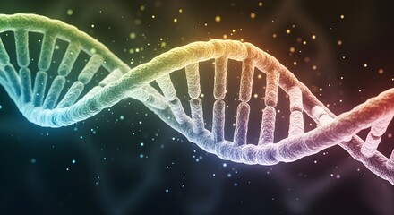 Colorful dna strand with rainbow hues and sparkling particles in dark space