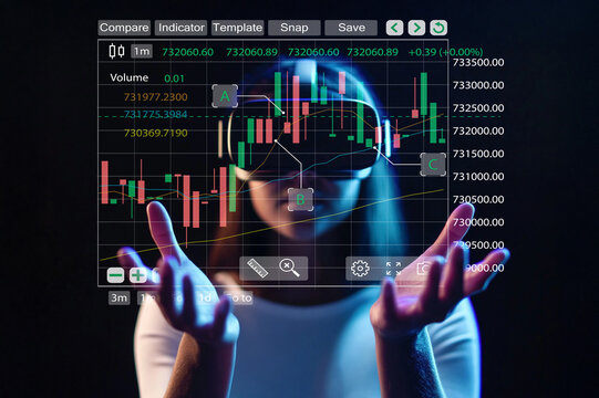 Woman Using Virtual Reality Glasses for Stock Market Analysis with Interactive Graphs and Financial Data Displayed on Screen
