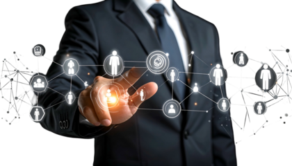 A suited person interacts with a digital network of interconnected human icons
