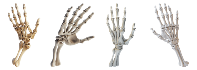 Detailed Anatomical Representation of Human Hand Skeletons in Various Views, Isolated on Transparent, white background
