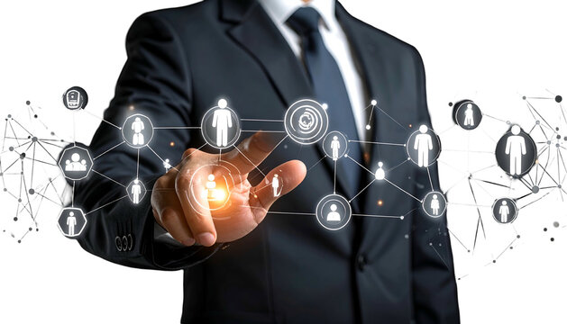 A suited person interacts with a digital network of interconnected human icons