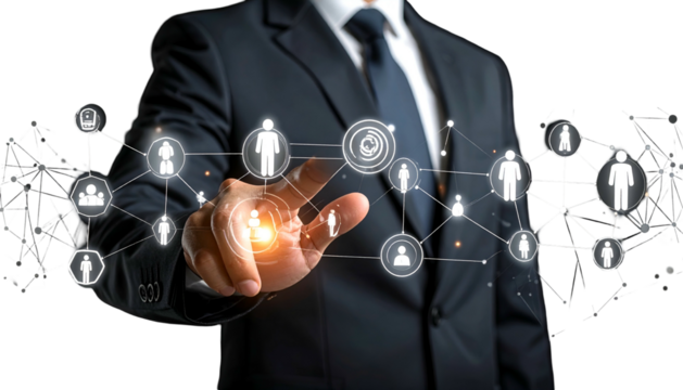 A suited person interacts with a digital network of interconnected human icons