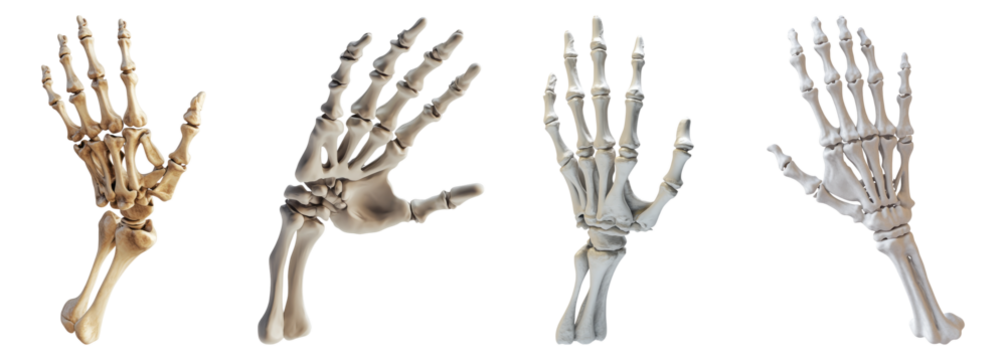 Detailed Anatomical Representation of Human Hand Skeletons in Various Views, Isolated on Transparent, white background