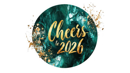 Cheers to 2026 message on a green and gold textured circle with gold splatter on black background