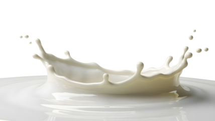 Dynamic splash crown of white milk frozen in mid air with droplets isolated on transparent background