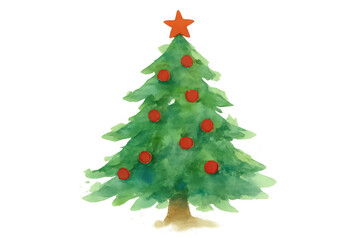 Fototapeta premium Watercolor christmas tree with red baubles and star on transparent background, symbolizing festive holiday season