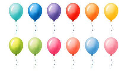 Collection of colorful helium balloons in a variety of bright shades floating on a transparent background isolated on transparent background