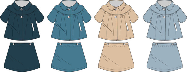 Collection of fashionable children's outerwear and skirts in various colors and styles
