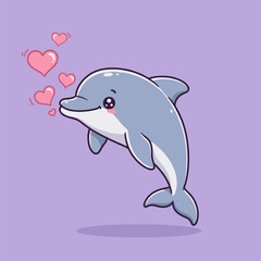 Cute kawaii dolphin blowing pink hearts, illustration on a light purple background.