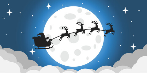 Magical Christmas Night Santa & Horse Flying Past Moon. An enchanting vector illustration perfect for greeting cards, banners, and winter holiday celebrations. Features Santa Claus riding a majestic 
