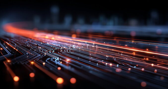 Abstract technology background with glowing orange and blue fiber optic cable lines. Dynamic light trails representing data transmission, high-speed internet, and network connection. Futuristic 