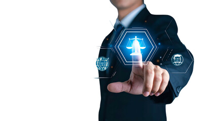 A person in a suit interacting with a digital display showing a glowing justice symbol