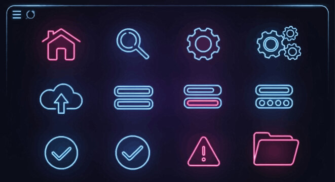 Vibrant neon glowing user interface icons set for modern digital design, featuring essential web and application elements like navigation, data, and system controls
