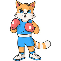 Cartoon Orange Tabby Cat Boxer Standing Ready Wearing Blue Boxing Shorts and Red Gloves with Blue Eyes and Determined Expression Against Transparent Background
