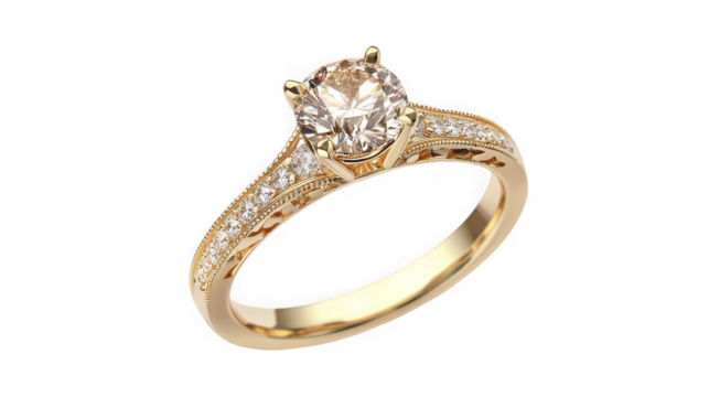 Close up of a gold ring with a large diamond on a black background showing the band and setting