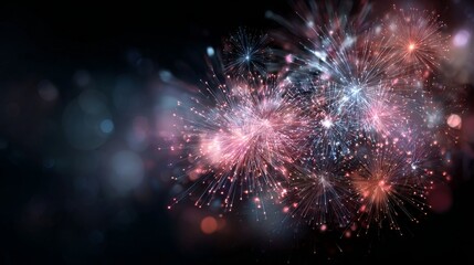 Fototapeta premium Festive holiday fireworks display on new year’s eve with vibrant sparkling lights and glowing bursts in the night sky, creating a joyful and celebratory atmosphere with colorful explosions, glittering
