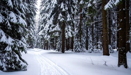 Fototapeta premium Snowy forest path flanked by snow-covered fir trees, winter wonderland