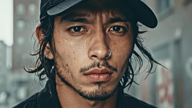 Intense close-up portrait of a young man with a serious expression, wearing a baseball cap in an urban setting, reflecting youth and modern street style, captured with natural light