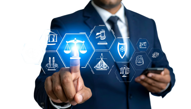 Businessman pointing at digital law icons; concepts of justice, technology, and law integration - Powered by Adobe