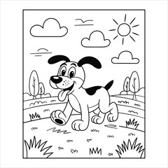 Cartoon dog walking in a grassy field under a sunny sky with clouds and trees animal