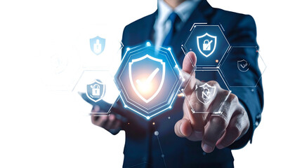 Businessman interacts with digital security icons, symbolizing data protection