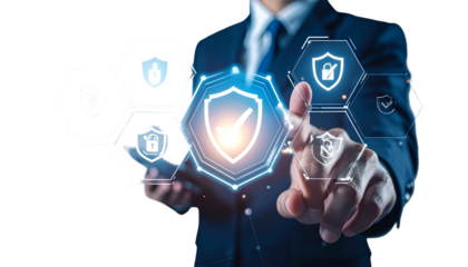 Businessman interacts with digital security icons, symbolizing data protection