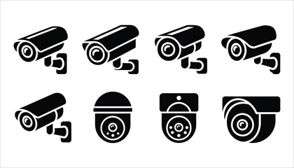 Collection of black security camera icons on white background various surveillance camera designs cctv camera