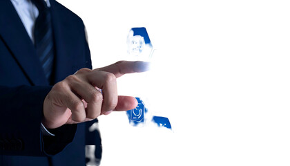 Businessperson's finger touching a glowing, stylized dollar sign, overlaid on a black background