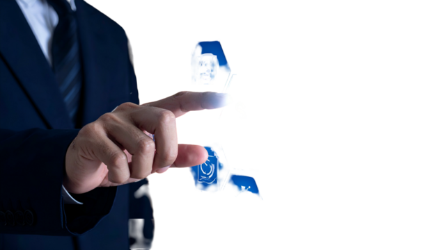 Businessperson's finger touching a glowing, stylized dollar sign, overlaid on a black background