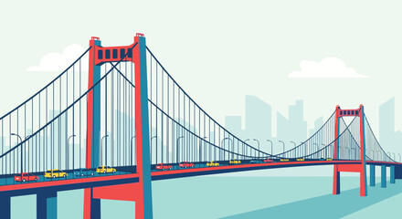 A modern flat design illustration of a vibrant red and blue suspension bridge with car traffic, overlooking a stylized cityscape under a light sky.