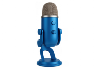 Blue usb condenser microphone capturing sound for recording, broadcasting, podcasting, and voice-over on transparent background