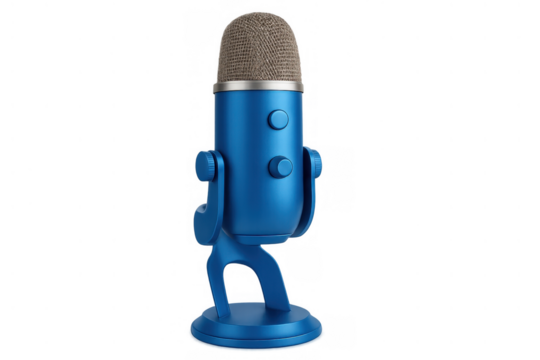 Blue usb condenser microphone capturing sound for recording, broadcasting, podcasting, and voice-over on transparent background