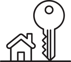 Simple line icon of a house and a large key representing home ownership