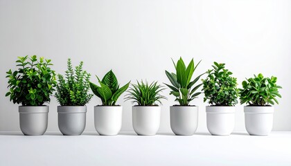 Obraz premium Row Of Assorted Green Potted Houseplants On A White Surface With A White Background