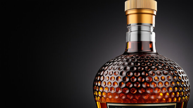 Ornate amber liquor bottle with textured glass and gold cap on dark background conveying luxury and warmth